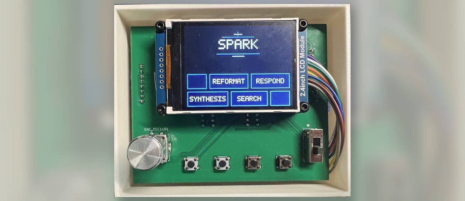 SPARK PCB prototype with screen, encoder, and controls