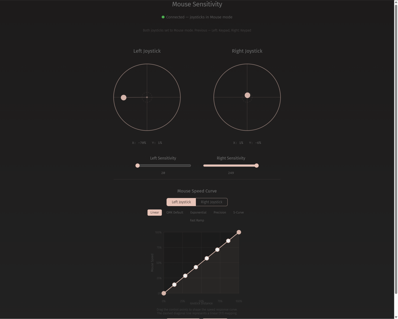 VIA OS Keyboard Configurator — mouse sensitivity and joystick tuning interface